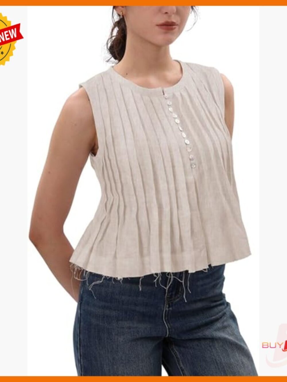 Linen Pleated Tank Top Henley Sleeveless Blouse Slim Fit Summer